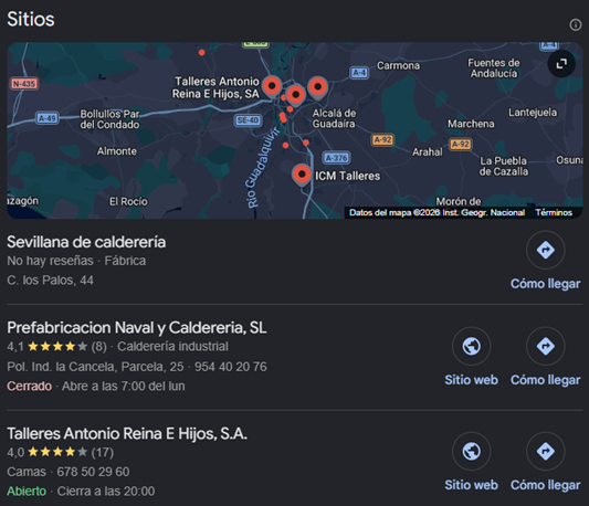 Bloque de mapa de Google para calderer&iacute;a Sevilla con tres fichas: unas con estrellas, tel&eacute;fono, horario y enlace a su web, y otra sin rese&ntilde;as ni web